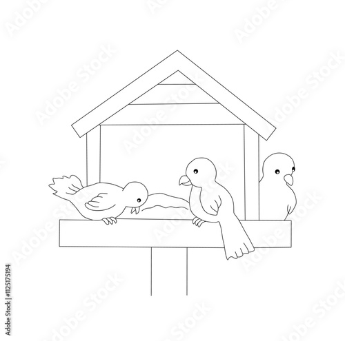 Outline of three birds sit in a house-shaped feeder. Vector illustration on a white background