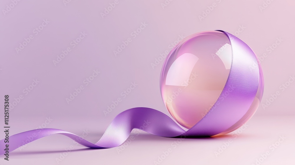 Obraz premium Elegant Lavender Ribbon Wrapped Around a Crystal Sphere on a Soft Purple Background A Stunning Minimalist Digital Art