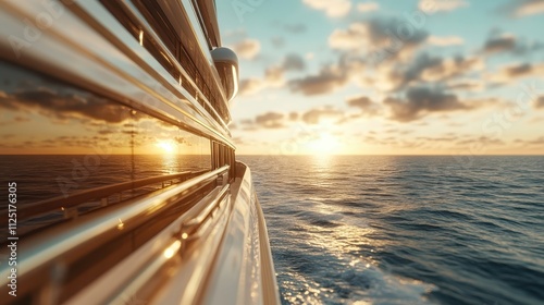 The luxurious yacht cruises effortlessly through the shimmering ocean, its sleek structure framed against a tranquil sunset, presenting a sense of elegance and timelessness. photo