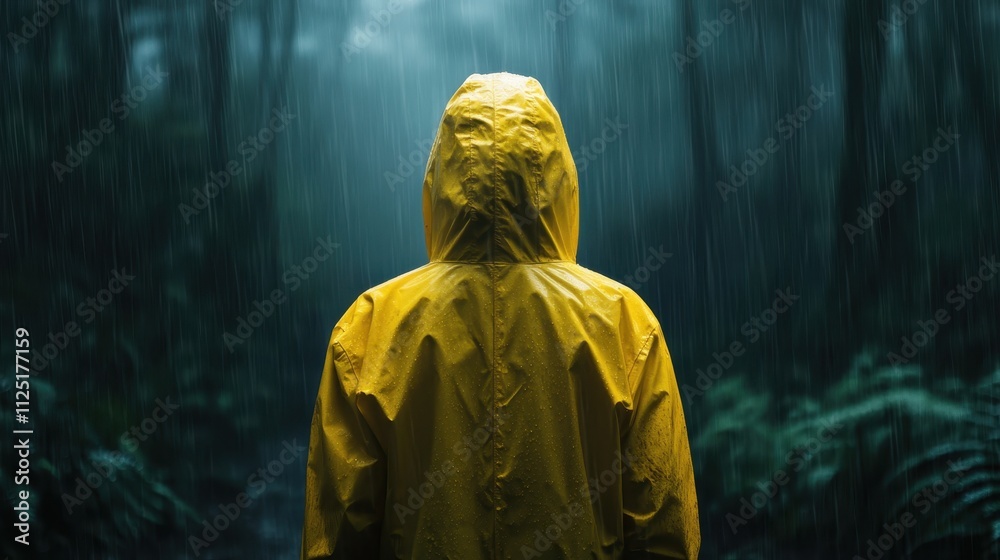 A person clad in a yellow raincoat stands amidst a rainy forest scene, suggesting resilience and solitude. The moody ambiance highlights the beauty of nature. A person clad in a yellow raincoat stands amidst a rainy forest scene, suggesting resilience and solitude. The moody ambiance highlights the beauty of nature.
