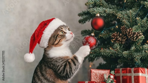 Cat in Santa Hat Batting at Christmas Ornament photo