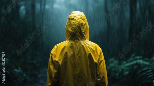 A person clad in a yellow raincoat stands amidst a rainy forest scene, suggesting resilience and solitude. The moody ambiance highlights the beauty of nature. photo