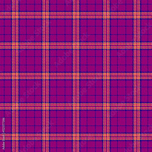 Us textile fabric check, native plaid background texture. Hippie tartan seamless pattern vector in pink and indigo colors.