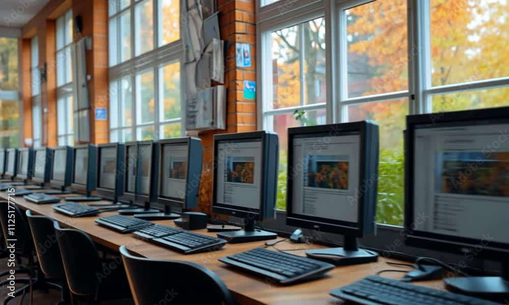 A row of computers in a bright, modern workspace. A row of computers in a bright, modern workspace.