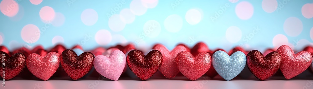 Obraz premium Colorful heart decorations create a romantic atmosphere against a cheerful background.