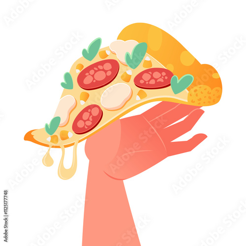 Hand holding, taking triangle of pizza. Italian fast food, cut snack. Salami sausage and mozzarella cheese, greens, spinach, basil or arugula fast food meal. Flat graphic vector illustration 