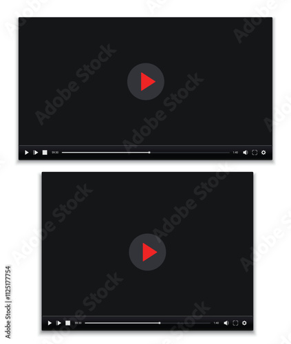 Video player interface template with play button, play video window with navigation icons. Vector illustration