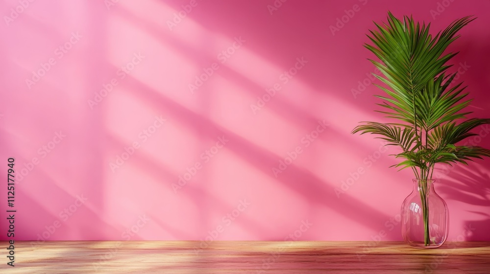A glass vase holds palm leaves against a richly hued pink wall, enhanced by soft sunlight shadows, blending nature with interior decoration in peaceful allure. A glass vase holds palm leaves against a richly hued pink wall, enhanced by soft sunlight shadows, blending nature with interior decoration in peaceful allure.