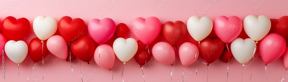 Colorful heart-shaped balloons in shades of red, pink, and white on a pink background. Colorful heart-shaped balloons in shades of red, pink, and white on a pink background.