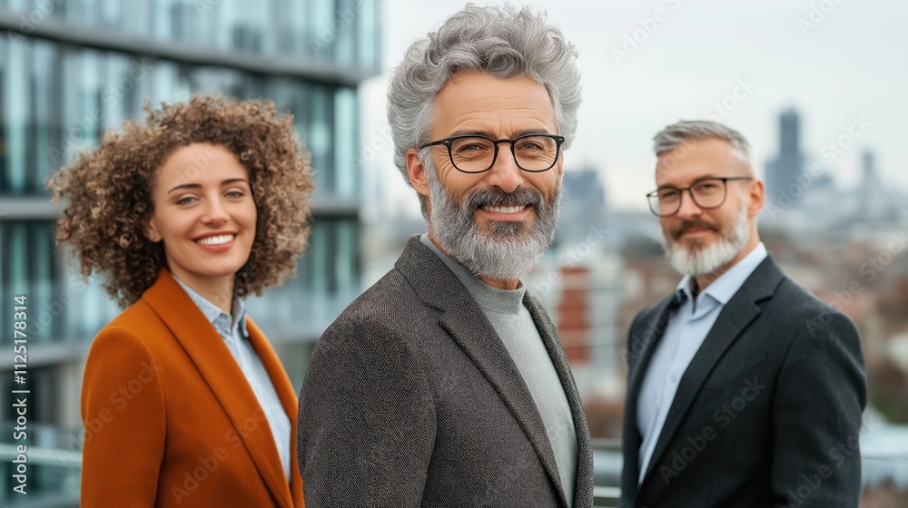 Three professionals stand confidently together on a balcony with a city skyline in the background. They are dressed in business attire and smiling, exuding a collaborative spirit Three professionals stand confidently together on a balcony with a city skyline in the background. They are dressed in business attire and smiling, exuding a collaborative spirit