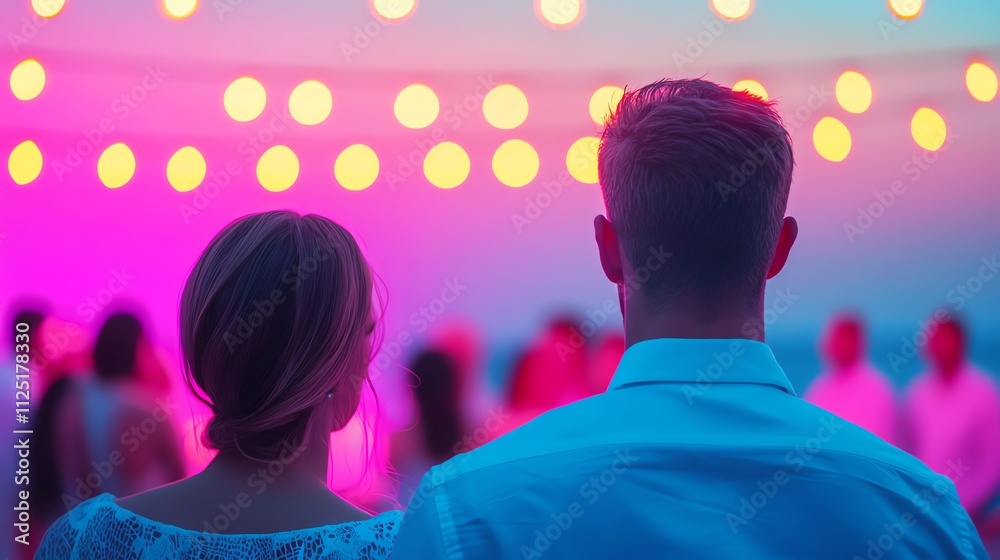 Couple enjoying a romantic evening under colorful lights at a social gathering. Couple enjoying a romantic evening under colorful lights at a social gathering.