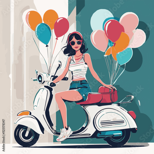 Female motorcyclist riding on pink scooter motorbike. Young woman using motorcycle transport for travel and trip. beautiful woman sitting behind the wheel of a motorcycle.	