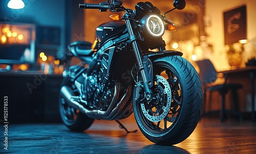 A sleek motorcycle parked indoors, illuminated in warm tones.