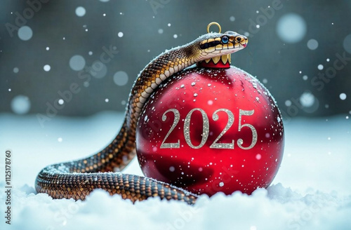  a large New Year's Christmas red ball lies on the snow, and around it a snake the year of the snake the snake, on the ball 2025 postcard 
 photo