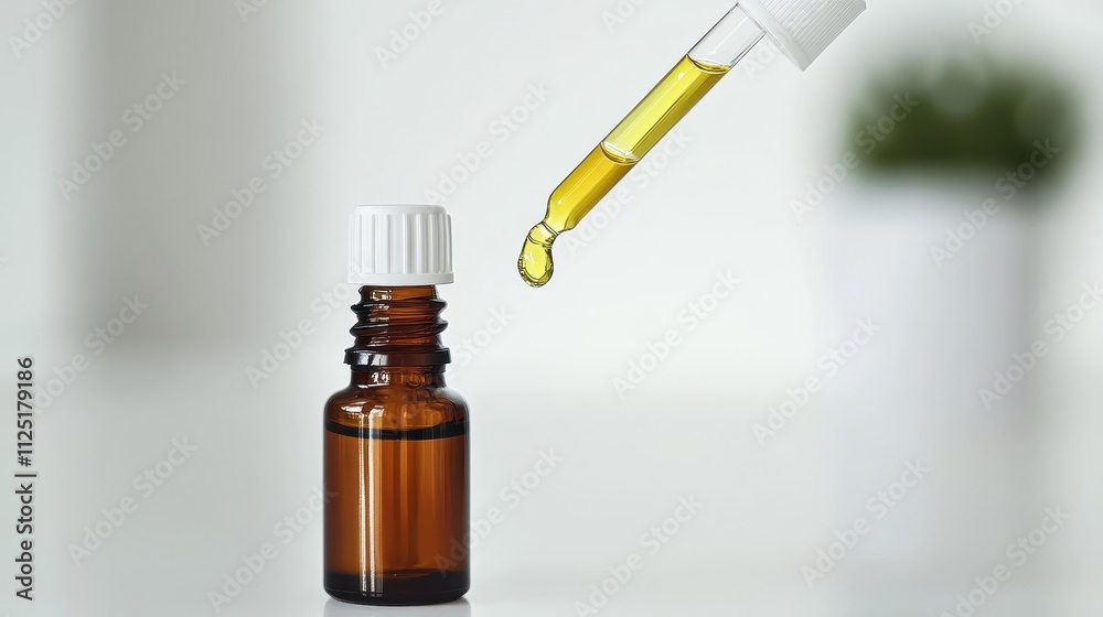 Close-Up View of Essential Oil Dropper Bottle with Pipette Dispensing Golden Liquid Essential Oil on Light Background Close-Up View of Essential Oil Dropper Bottle with Pipette Dispensing Golden Liquid Essential Oil on Light Background