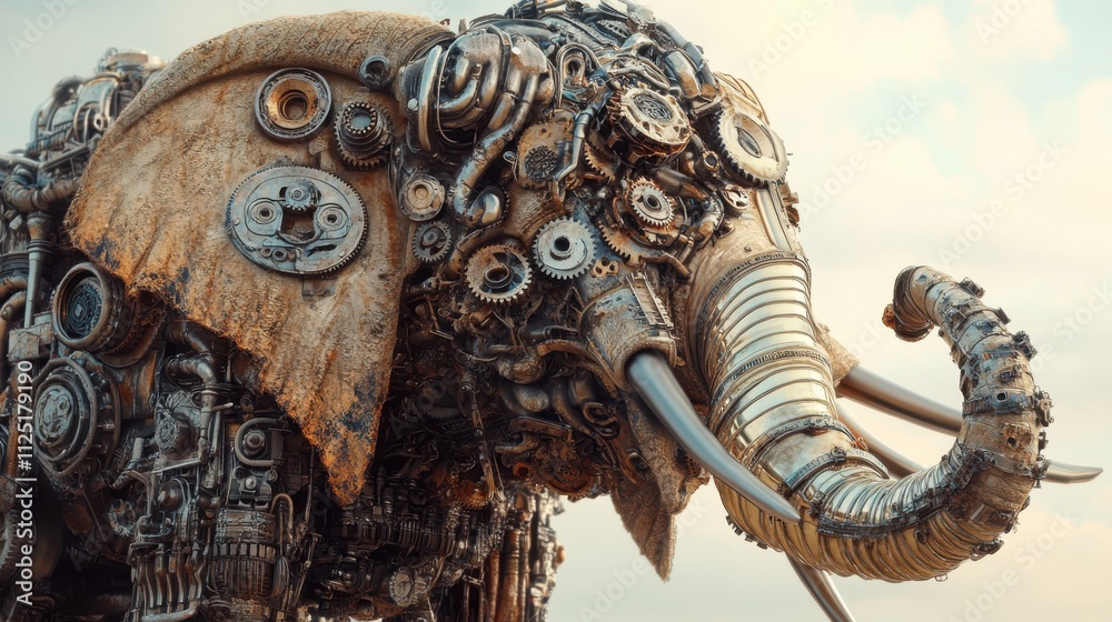 Fototapeta premium Metal elephant sculpture, gears, parts.