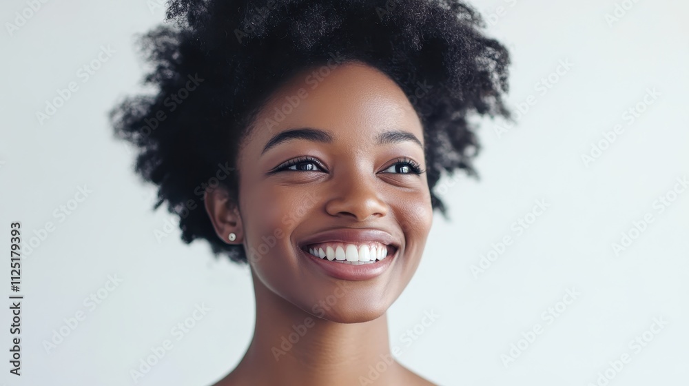 Joyful Young Woman with Natural Afro Hairstyle and Bright Smile Against Light Background, Exuding Confidence and Happiness in Casual Setting Joyful Young Woman with Natural Afro Hairstyle and Bright Smile Against Light Background, Exuding Confidence and Happiness in Casual Setting