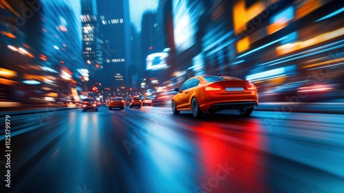 Speeding Car on Vibrant Night City Streets