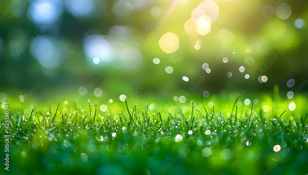Obraz premium Dewy Grass in Morning Sunlight with Bokeh Effect, Natural Green Blades, Glimmering Droplets, and Soft Focus Background for Serenity and Freshness