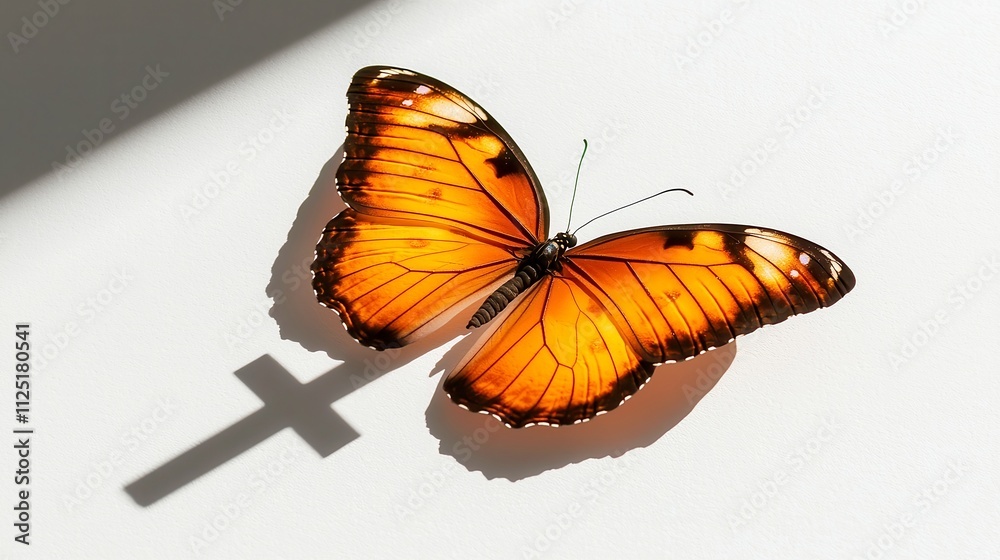 Obraz premium Butterfly Silhouette with Cross Shadow, a striking visual merging the delicate beauty of a butterfly with a profound religious symbol, evoking themes of transformation and faith.