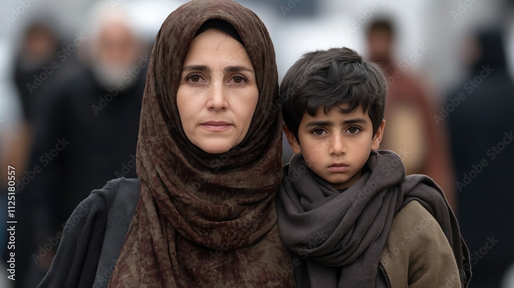 woman in a brown hijab carries her young son in a warm embrace as they navigate a busy street filled with people, symbolizing strength and unity in difficult times