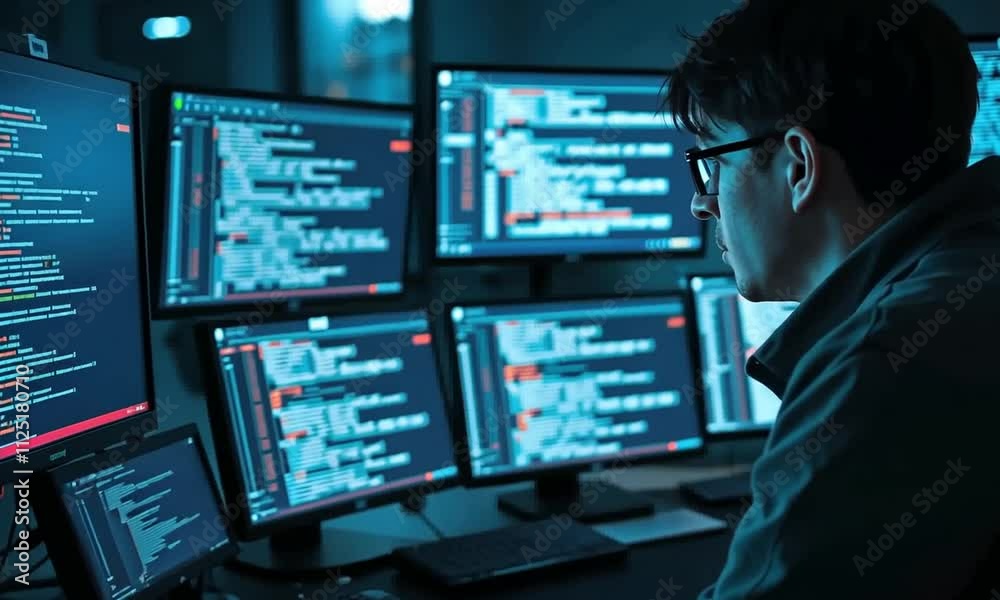 Cybersecurity Expert Working Late on Multiple Monitors Filled with Code Cybersecurity Expert Working Late on Multiple Monitors Filled with Code