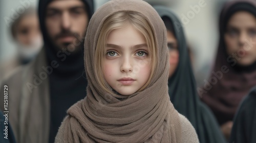 young girl with striking light hair is adorned in a brown scarf, standing prominently among a group of adults in dark scarves