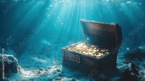 Open treasure chest filled with gold coins on the ocean floor, illuminated by sun rays penetrating the clear, deep blue water.