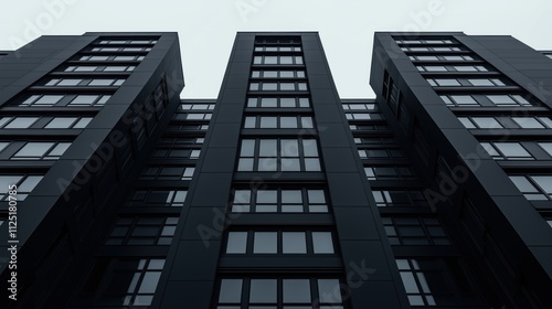 Tall black apartment building features numerous windows, reflecting a city skyline under a cloudy sky. structure showcases contemporary architecture with symmetrical design