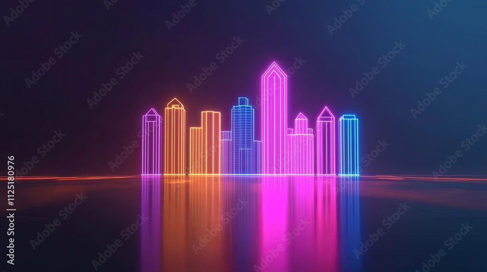 Stylish neon city skyline reflecting on water in vibrant colors, showcasing modern architecture. Stylish neon city skyline reflecting on water in vibrant colors, showcasing modern architecture.