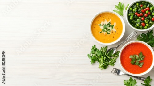 Wallpaper Mural A trio of soups: tomato, pumpkin, and spinach, each garnished with parsley, on a minimalist light wooden background for a vibrant presentation. Torontodigital.ca