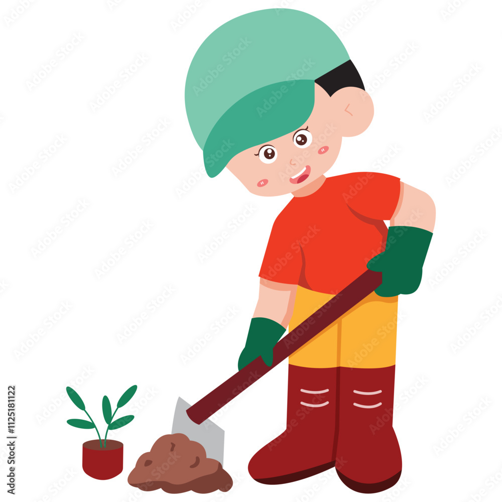 Child Digging in Garden with Shovel Child Digging in Garden with Shovel