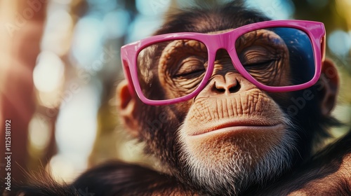 A chimpanzee wearing oversized pink glasses appears relaxed amidst sunny surroundings, capturing a serene and joyful mood with his eyes gently closed. photo