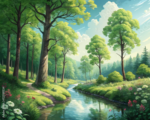 lake in the park with green scenery