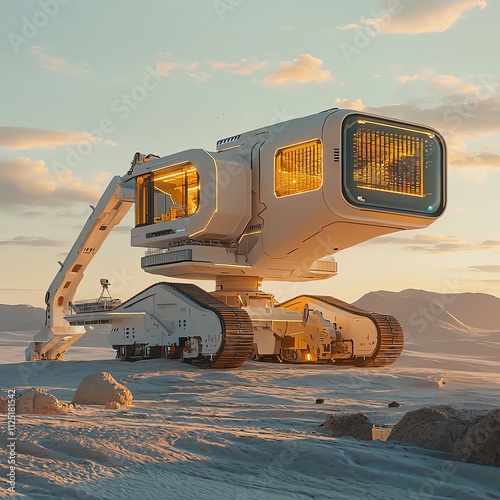 Futuristic lunar vehicle exploring a desolate landscape at sunset. photo