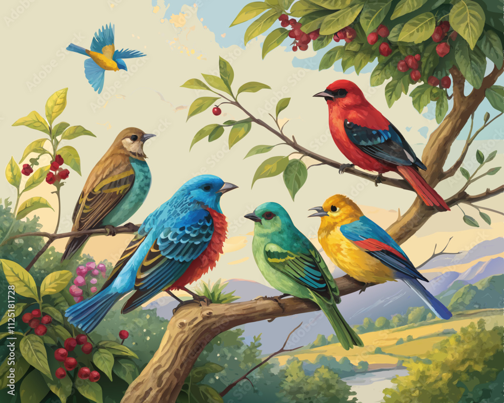 Obraz premium various colorful birds on the tree branch