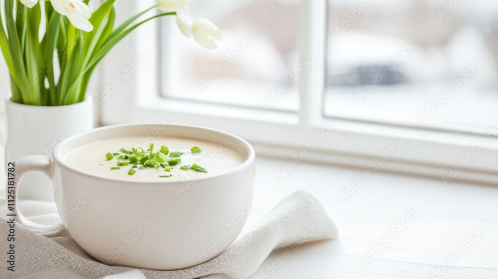A bowl of creamy corn chowder soup garnished with fresh chives and herbs, surrounded by parsley on a light textured background. A bowl of creamy corn chowder soup garnished with fresh chives and herbs, surrounded by parsley on a light textured background.