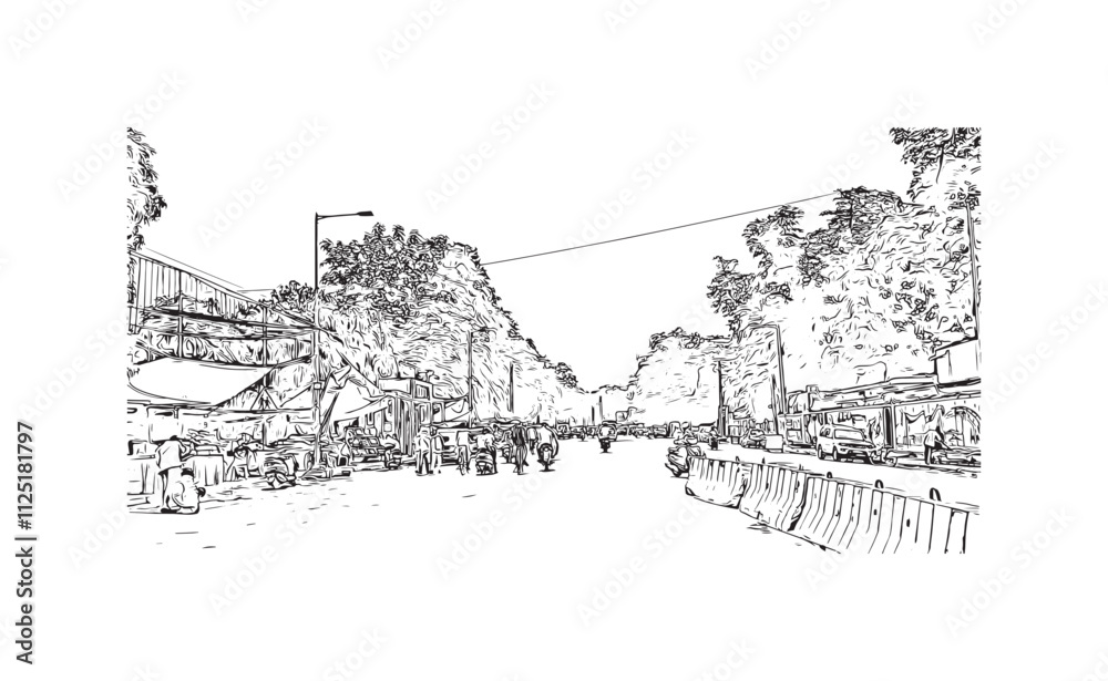 Building view with landmark of Varanasi is the city in India. Hand drawn sketch illustration in vector.