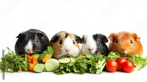 Guinea pigs munching on fresh vegetables.