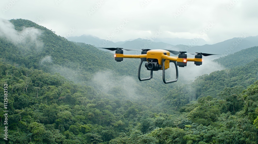 Fototapeta premium forestry industry concept. A drone flying over lush green mountains under a cloudy sky.