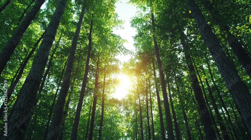 Obraz premium forestry industry concept. Sunlight filters through lush green trees in a serene forest setting.