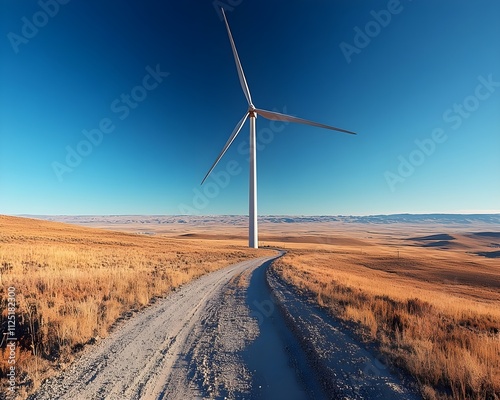 White wind turbines generate clean electricity in a vast green field, harnessing renewable energy from the wind