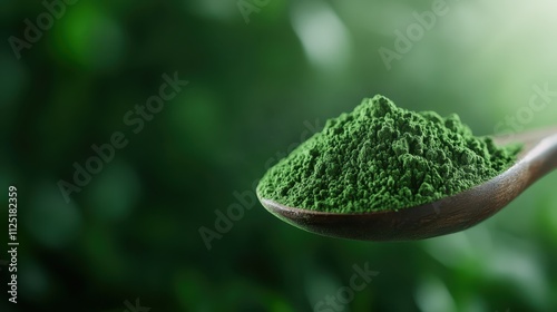 A wooden spoon gracefully presenting finely ground green spirulina powder against a smooth gradient backdrop, highlighting its health benefits and elegance.