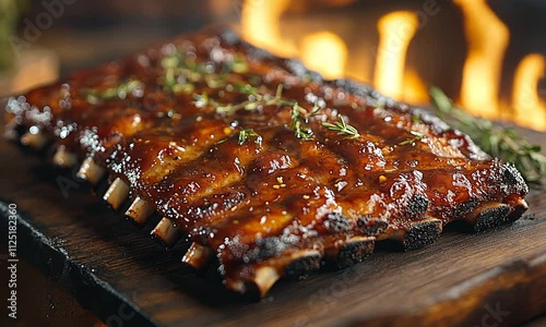 Delicious barbecue ribs glazed with sauce and garnished with herbs.