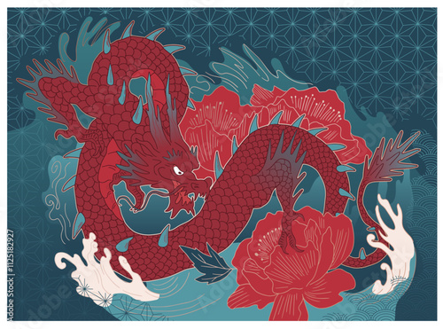 hand drawn japanese vector dragon on abstract waves, with asian style pattern and flowers	