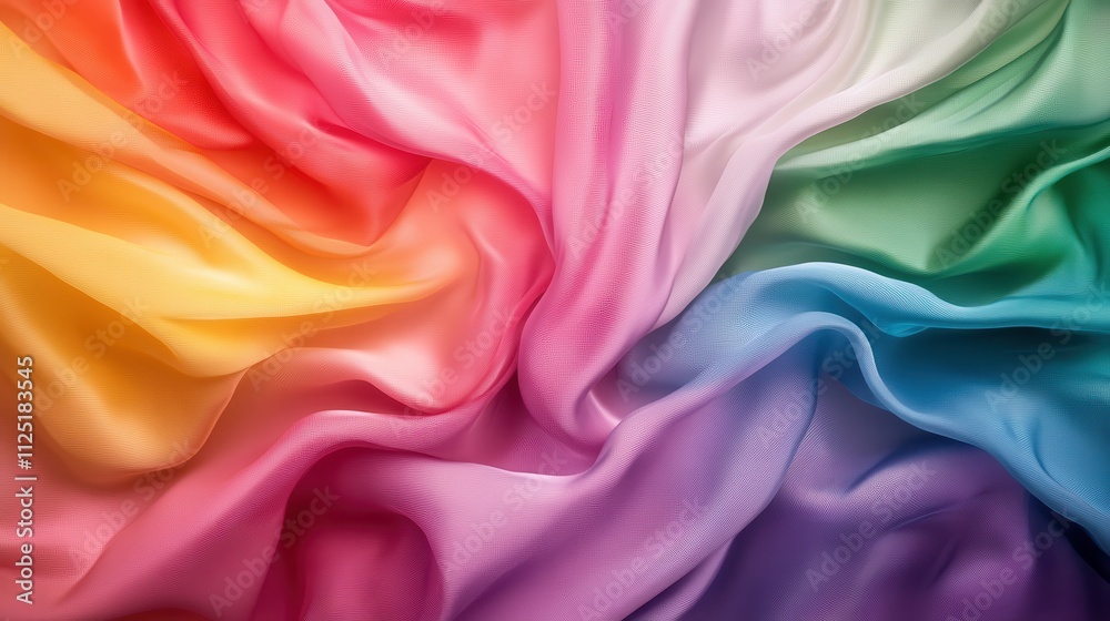 A dynamic image of fabric in swirling rainbow tones presents an abstract form that captures the imagination with its vivid colors and textured movement. A dynamic image of fabric in swirling rainbow tones presents an abstract form that captures the imagination with its vivid colors and textured movement.