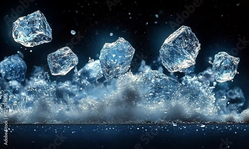 Ice cubes splashing in water, creating dynamic visual effects.