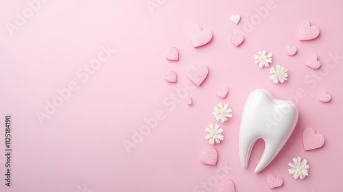 White Tooth with Pink Hearts on Romantic Pink Background for Dental Care Themes