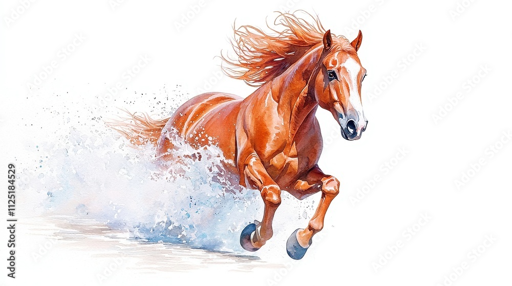 Dynamic watercolor depiction of a majestic mustang galloping freely, showcasing vibrant colors and fluid motion, capturing the spirit of untamed wilderness. Dynamic watercolor depiction of a majestic mustang galloping freely, showcasing vibrant colors and fluid motion, capturing the spirit of untamed wilderness.