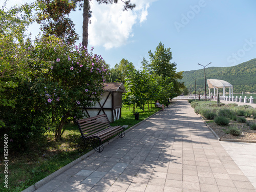 Abrau Durso, Russia 28 August 2024: Picturesque view of embankment of lake Abrau on sunny day in Abrau Durso